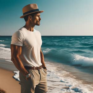 Hispanic Man at the Sea: Contemplative Beach Scene