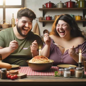 Joyful Overweight Couple Eating Spaghetti | Cozy Dining Scene
