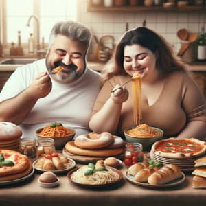 Italian Couple Enjoying Feast of Spaghetti, Pastries, Bread & Pizza