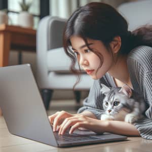 Asian Girl Working on Laptop with Gray and White Tabby Cat