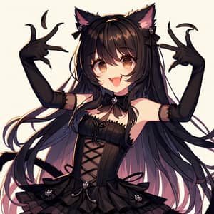 Wild Black Feline Inspo: Anime-Style Illustration of Playful Young Girl