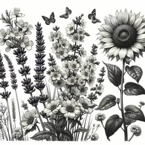 Black and White Lavender, Cherry Blossoms, and Sunflowers Sketch