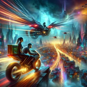 Futuristic Cyberpunk Motorbike Delivery in a Neon City