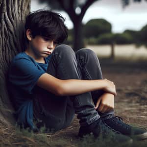 Young Hispanic Boy Sitting Alone Under Large Tree | Solitude and Sorrow