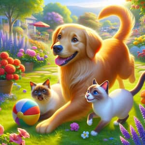 Heartwarming Garden Scene: Gold Retriever Dog and Siamese Cat Playing