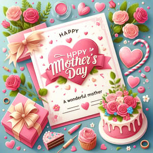 Happy Mother's Day Card with Pink Roses & Cake