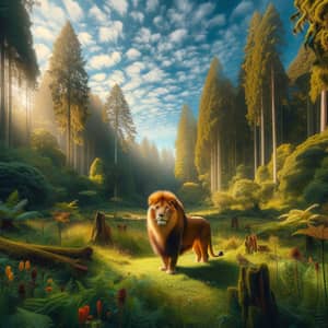 Majestic Lion in Forest: Golden Fur Beauty Under Blue Sky