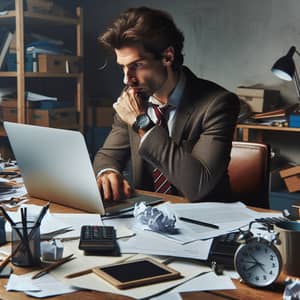 Focused Caucasian Male at Cluttered Workspace with Clock | Work Scene