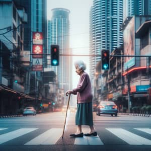 Resilient Elderly Woman Crossing City Street