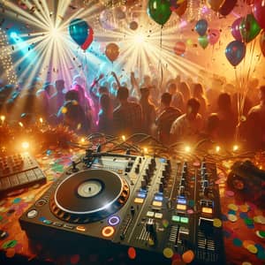 Festive New Year's Eve DJ Set with Colorful Lights and Energetic Crowd