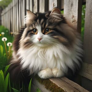 Fluffy Black and White Cat Sitting on Wooden Fence
