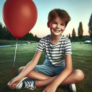 Radiant 10-Year-Old Boy Enjoying Outdoors with Red Balloon