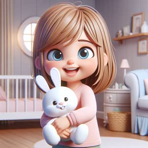 Adorable Girl Hugging Plush Bunny in Cartoon-like Nursery Room