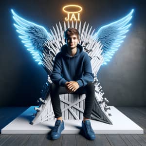 3D Illusion Profile Picture: 21-Year-Old Male on Iron Throne with Neon Ambiance