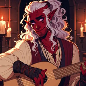Fantasy Tiefling Rogue Playing Lute in Tavern | Character Art