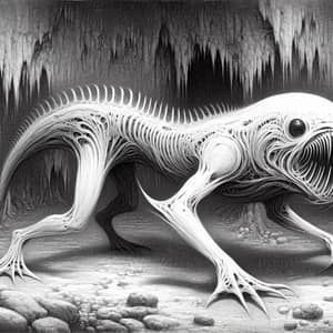 Eerie Sketch of Thin Grey Creature in a Cave | Enigmatic Anatomy