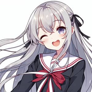 Japanese Anime-Inspired Silver-Haired Schoolgirl Smiling