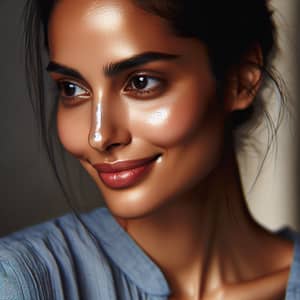 Glowing Skin Beauty: South Asian Woman in Elegant Blue Blouse