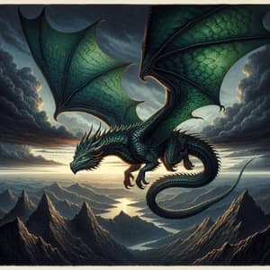 Majestic Dragon Flying Above Rugged Mountains | Dark Sky Scene