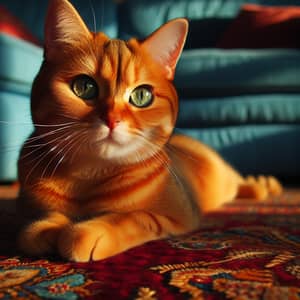 Beautiful Orange Cat on Burgundy Rug | Green Eyes & Blue Background
