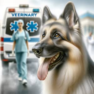 Realistic German Shepherd Dog Image with Subtle Veterinary Ambulance Background