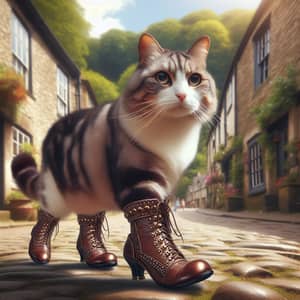 Confident Domestic Cat Striding on Cobbled Street with Elegant Boots