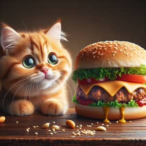 Cute Tabby Cat with Green Eyes and Burger | Adorable Feline and Delicious Burger
