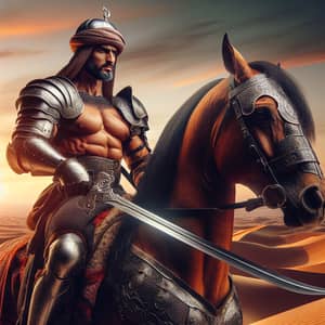 Ancient Muslim Arab Knight Riding War Horse in Arabian Desert