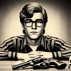Vintage Style Portrait: Caucasian Male in Striped Shirt with Revolver