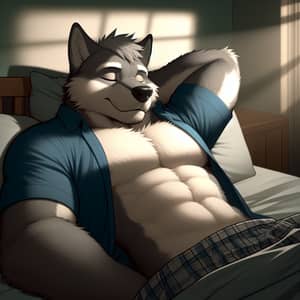 Relaxed Grey Wolf Anthro Asleep in Casual Sleepwear