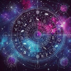 Intricate Astrological Chart on Purple Blue Galaxy Background