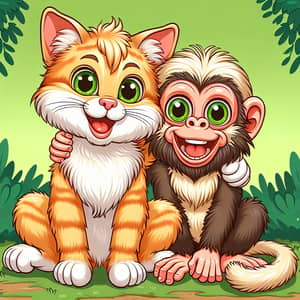 Fluffy Orange Tabby Cat and Capuchin Monkey Cartoon Image
