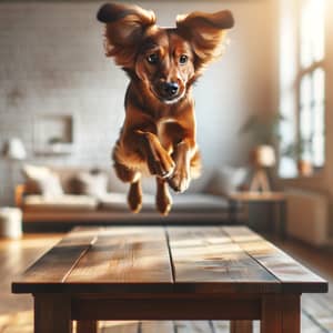 Energetic Medium-Sized Dog Leaping on Wooden Table