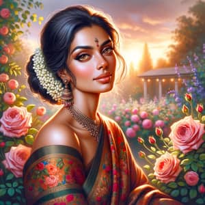 Elegant South Asian Woman in Traditional Saree | Tranquil Garden Scene