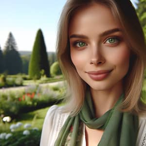 Young Woman Portrait with Blonde Hair and Green Eyes in Serene Garden