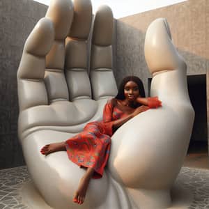 Elegant Black Woman in Colossal Hand Sculpture