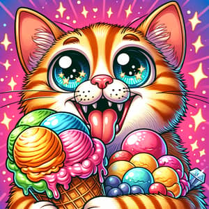 Comical Cat Enjoying Multi-Flavored Ice Cream Cone