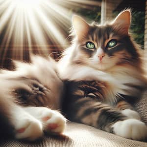 Fluffy Grey and White Tabby Cat Lounging in Sunlight