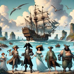 Pirate Adventure at Sea: Illustrated Scenery with Eccentric Crew