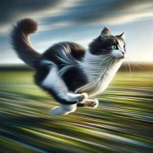 Energetic Black and White Domestic Cat Running Ever So Swiftly
