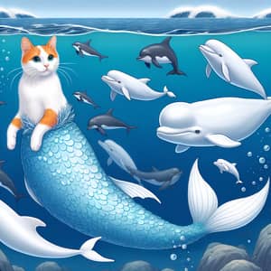 White Orange Cat Mermaid Swimming with Whales in Sea