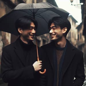Young Asian Men Laughing in Rain Under Umbrella
