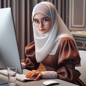 Ethnic Kazakh Girl Working at Computer | Islamic Attire