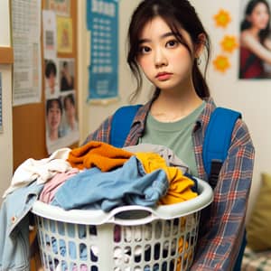 East Asian Female Student Doing Laundry | Dormitory Scene