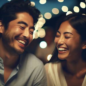 Serene Night Scene with Asian Man and Hispanic Woman Sharing Laughter