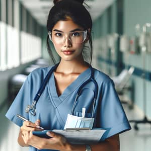 Female South Asian Nurse in Blue Scrubs - Professional Medical Chart Examination
