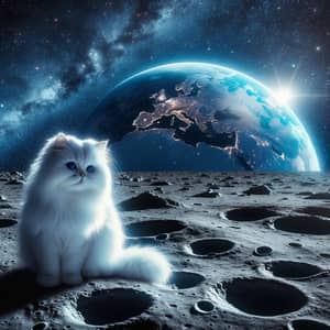 White Fluffy Cat Playing on Moon's Craters | Stunning Lunar Scene