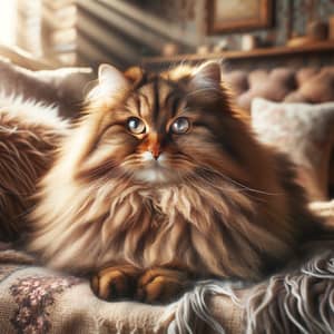 Luxurious Furry Cat Basking in Sunlight | Cozy Room Setting