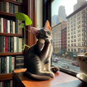 Sleek Domestic Cat Grooming on Windowsill with Cityscape View