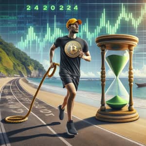 Young Man Jogging on Bali Beach in Nike Dunk Shoes and Bitcoin Cap | 2024 Graph